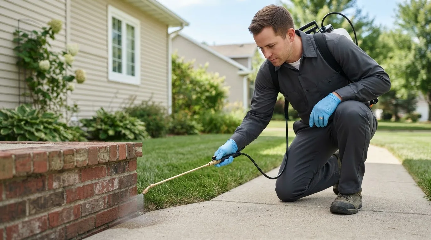 Pest control technician treating a home near Raleigh, NC